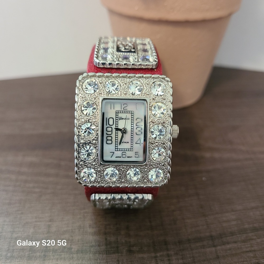 Geneva Platinum Rhinestone Watch Red Leather Strap Ladies Glam Sparkly Pre-Owned